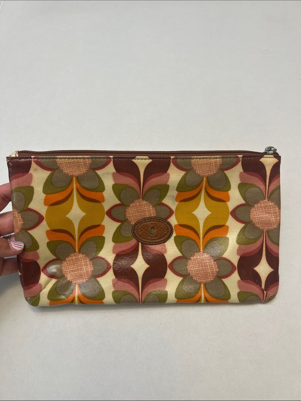 VINTAGE RETRO FOSSIL KEY-PER FLORAL WAX  COATED CANVAS BAG POUCH BAG CLUTCH